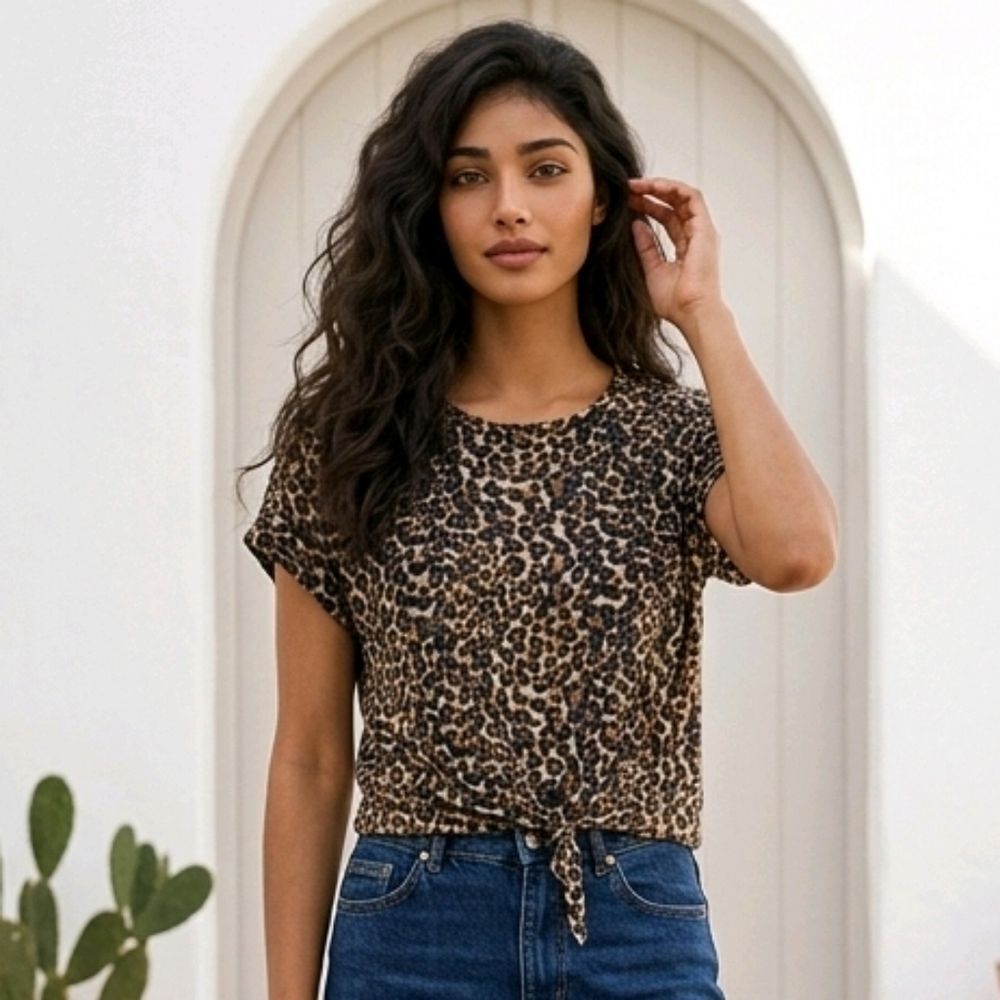 Molly Rose Leopard Print Knit Top Tie Front Pullover Dolman Sleeve Blouse Shirt